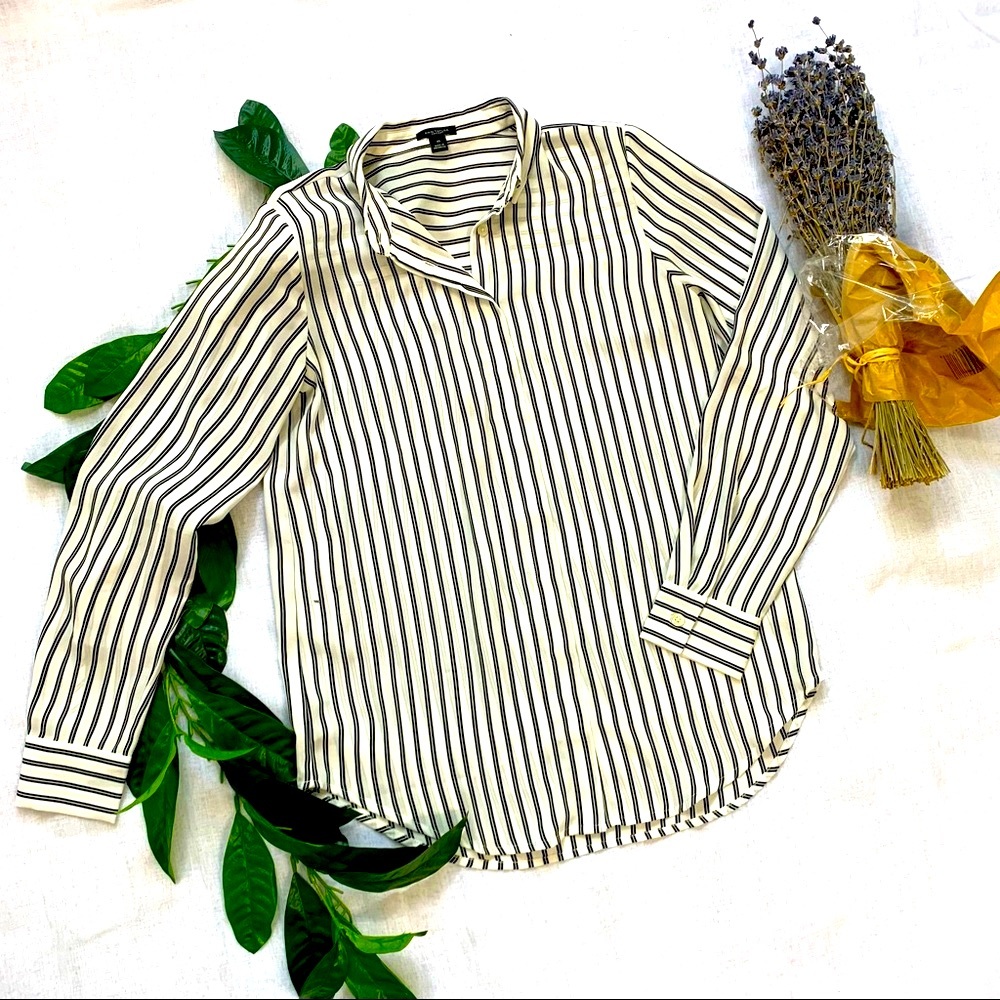 Ann Taylor LongLine Black and White Stripe ButtonDown